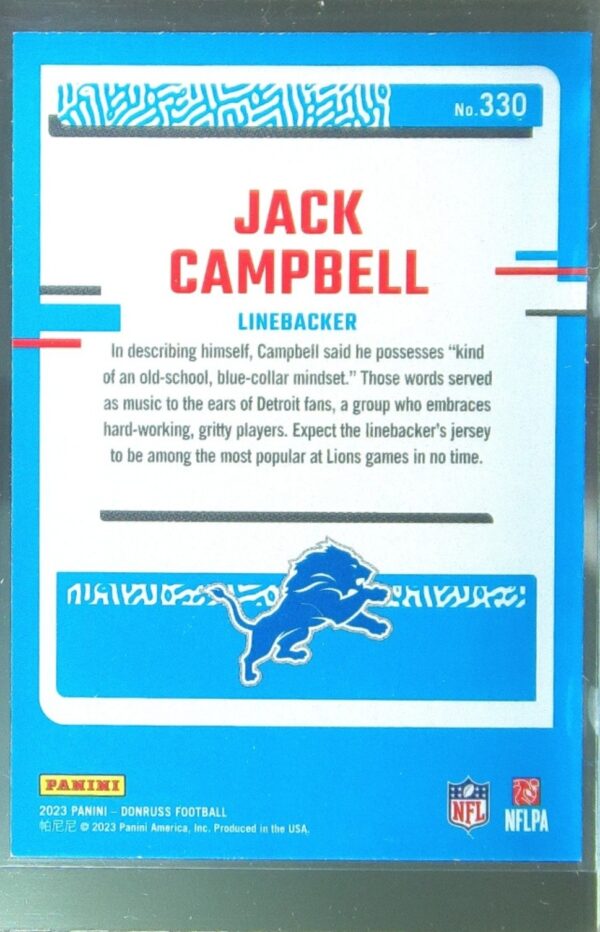 2023 Donruss Jack Campbell RC #330 Lions - Image 3