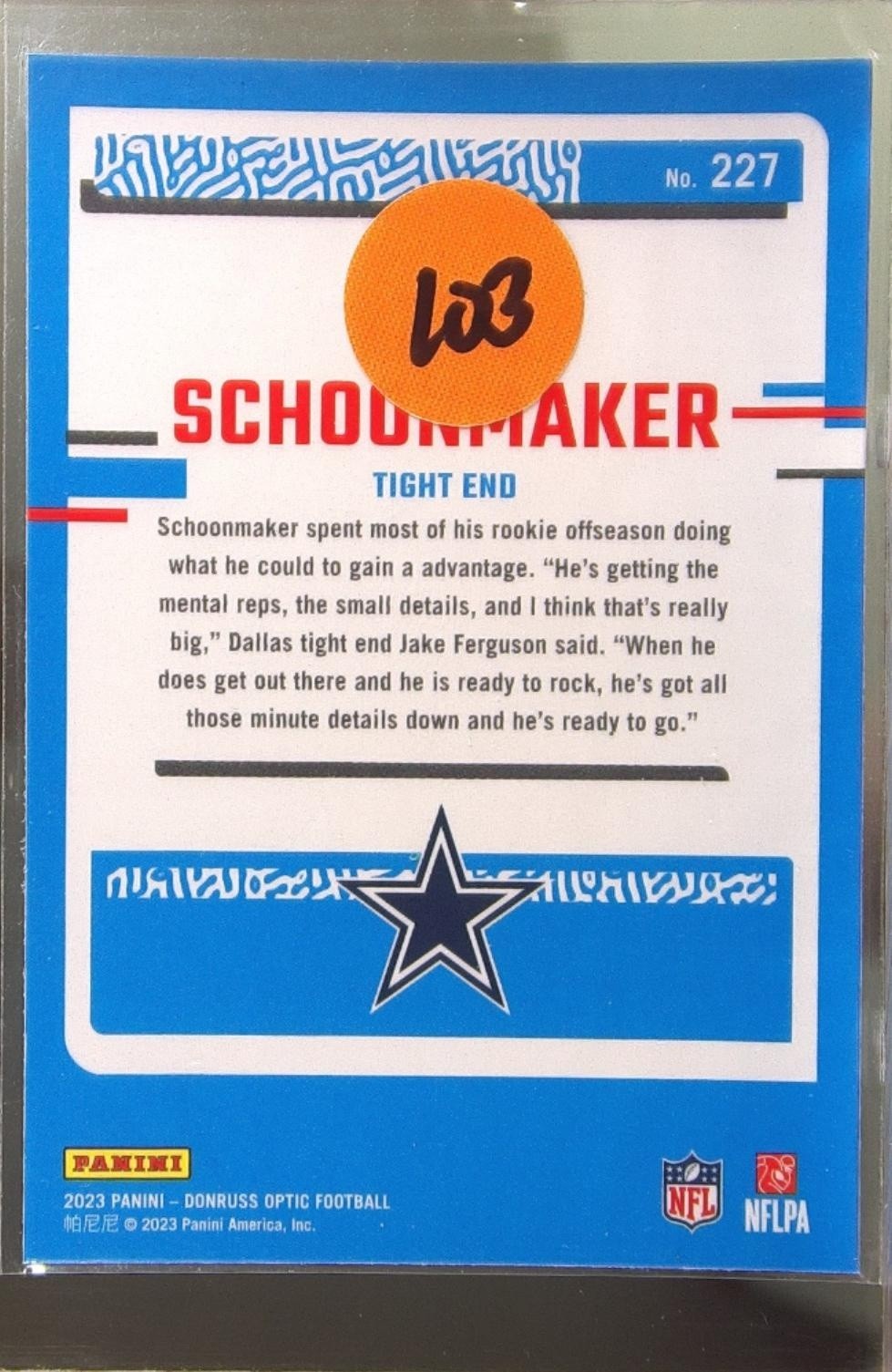 2023 Donruss Optic Luke Schoonmaker RC #227 Cowboys - Image 3