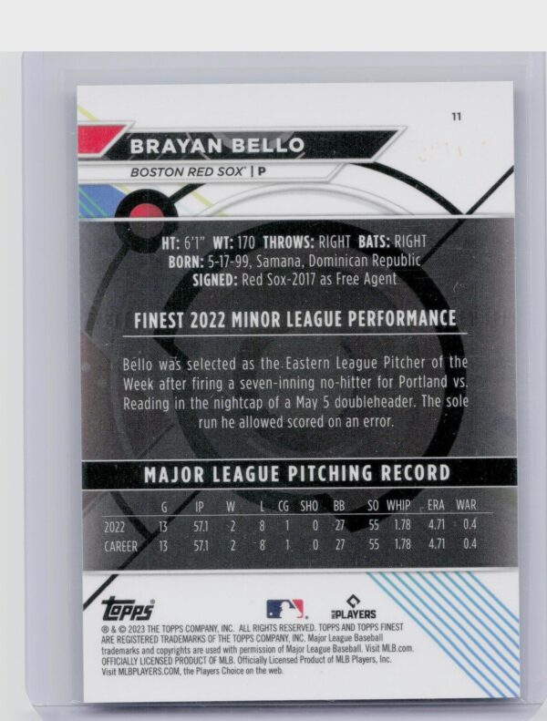 2023 Finest Brayan Bello Blue/Aqua Vapor Refractor /250 #11 Sox - Image 3