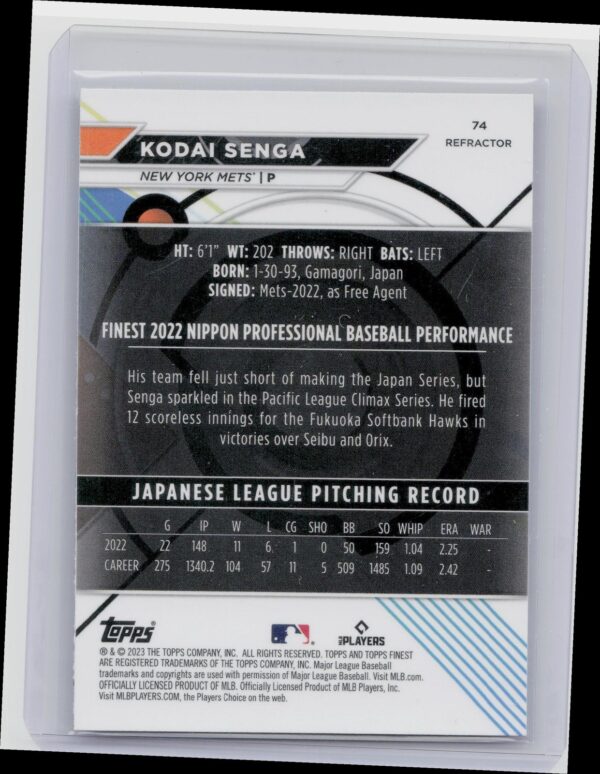 2023 Finest Kodai Senga Refractor #74 Mets - Image 3
