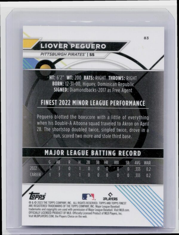 2023 Finest Liover Peguero Blue Refractor /150 #83 Pirates - Image 3