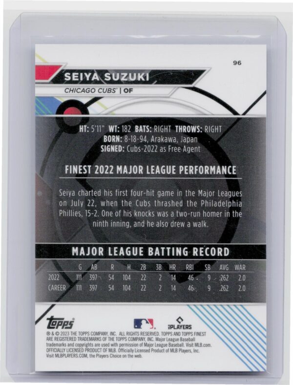 2023 Finest Seiya Suzuki Sky Blue Refractor /300 #96 Cubs - Image 3