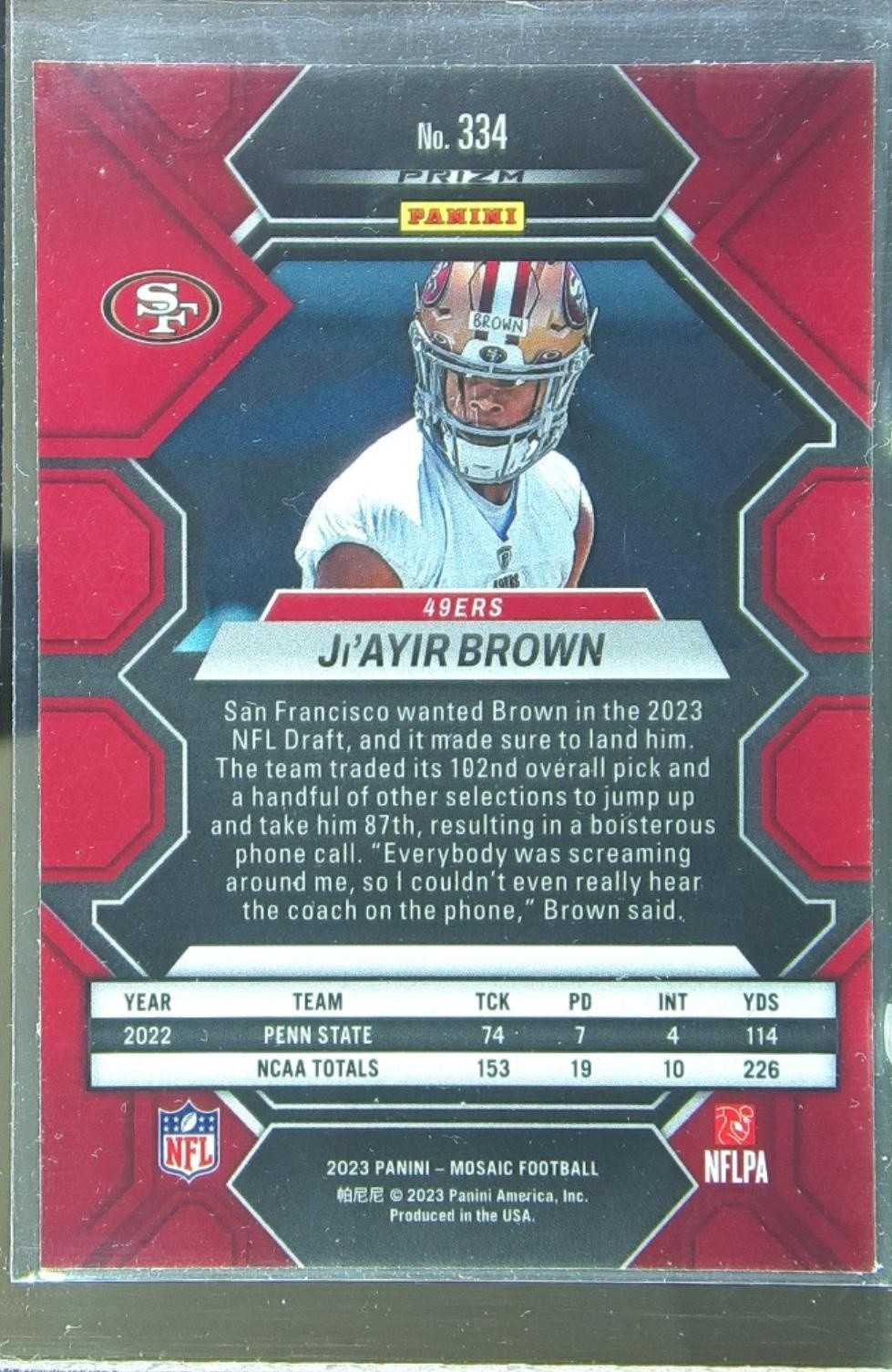 2023 Mosaic Ji'Ayir Brown Silver RC #334 49ers - Image 3