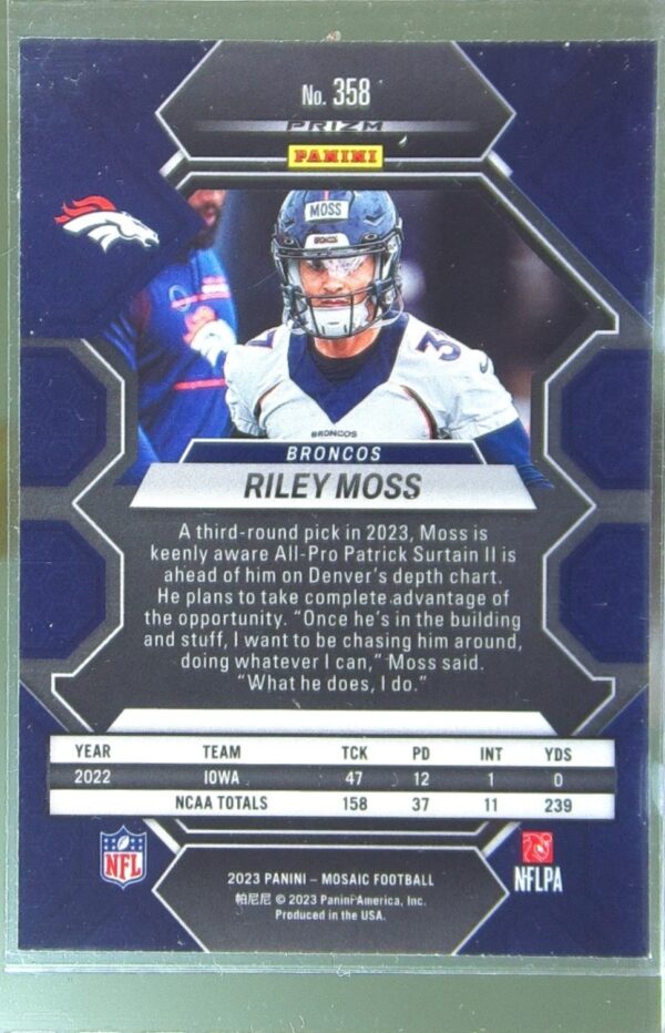 2023 Mosaic Riley Moss Green Mosaic RC #358 Broncos - Image 3