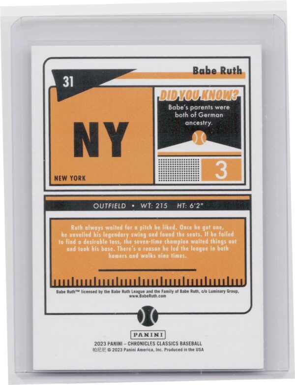 2023 Panini Chronicles Babe Ruth #31 Yankees - Image 3
