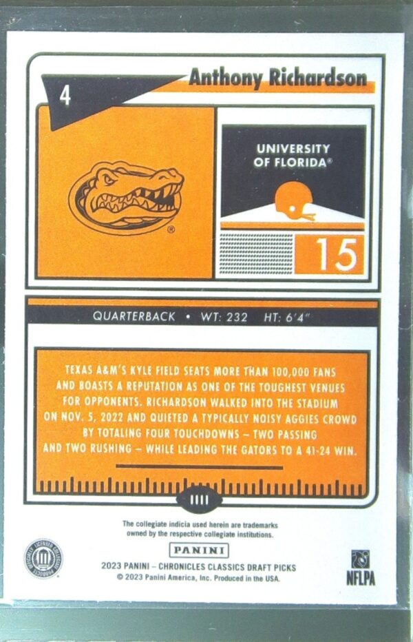 2023 Panini Chronicles Draft Picks Anthony Richardson RC #4 Classics Premium - Image 3