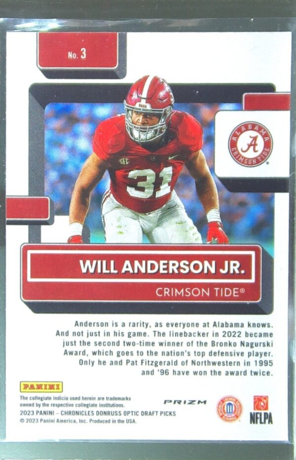 2023 Panini Chronicles Draft Picks Will Anderson Jr. RC #3 Tide Donruss Optic - Image 3