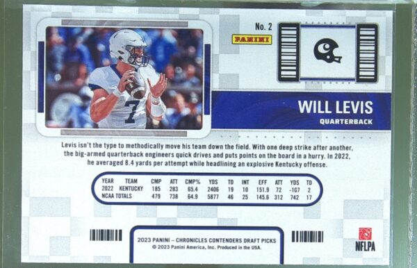 2023 Panini Chronicles Draft Picks Will Levis RC #2 Wildcats Contenders College - Image 3