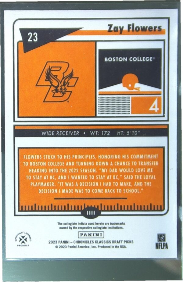 2023 Panini Chronicles Draft Picks Zay Flowers #23 Eagles Classics Premium - Image 3