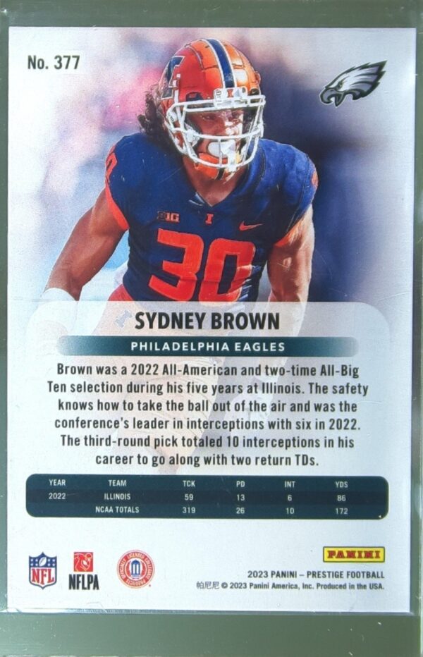 2023 Panini Prestige Sydney Brown Xtra Points Blue /399 RC #377 Eagles - Image 3