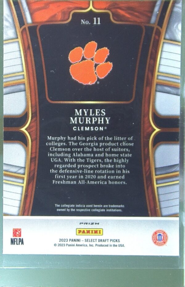 2023 Panini Select Draft Picks Myles Murphy Purple Lazer Prizm RC #11 Tigers - Image 3