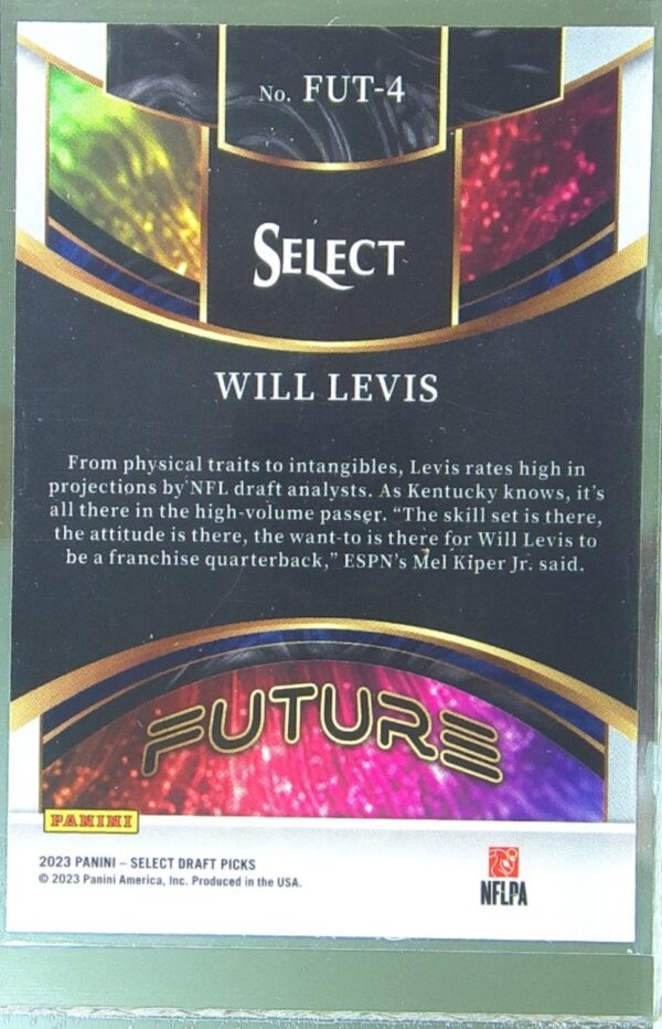 2023 Panini Select Draft Picks Will Levis RC #FUT-4 Wildcats Future - Image 3
