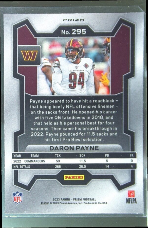 2023 Prizm Daron Payne Green #295 Commanders - Image 3