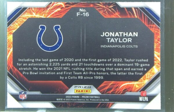 2023 Prizm Jonathan Taylor #F-16 Colts Fireworks Prizms Green Ice - Image 3