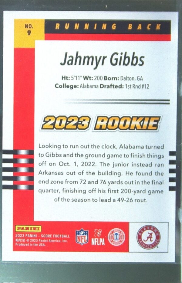 2023 Score Jahmyr Gibbs RC #9 Tide 2003 Throwback Rookies - Image 3