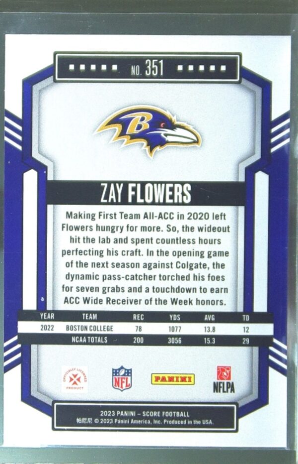 2023 Score Zay Flowers RC #351 Ravens - Image 3