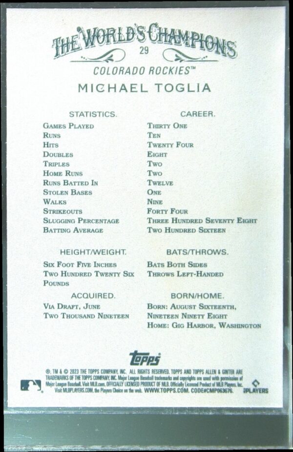 2023 Topps Allen & Ginter Michael Toglia RC #29 Rockies - Image 3