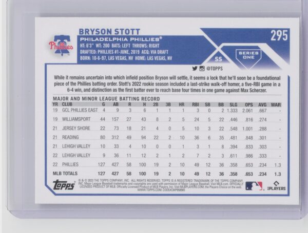 2023 Topps Bryson Stott Rainbow Foil #295 Phillies - Image 3