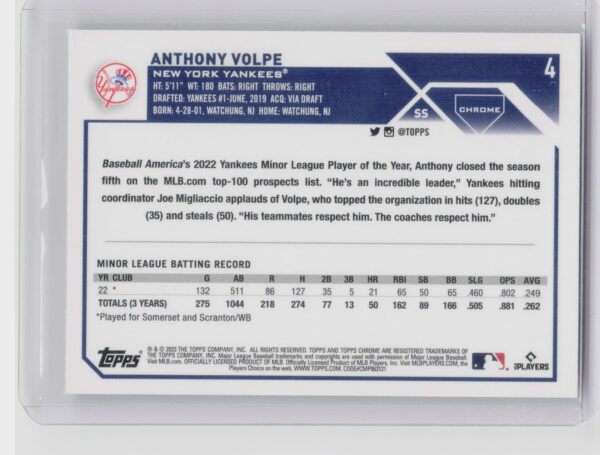 2023 Topps Chrome Anthony Volpe RC #4 Yankees - Image 3