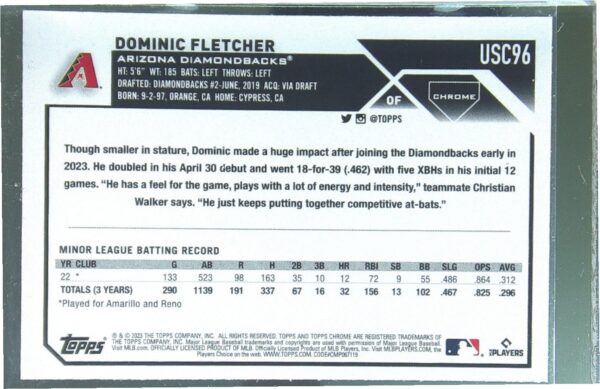 2023 Topps Chrome Update Dominic Fletcher Prism RC #USC96 Diamondbacks - Image 3