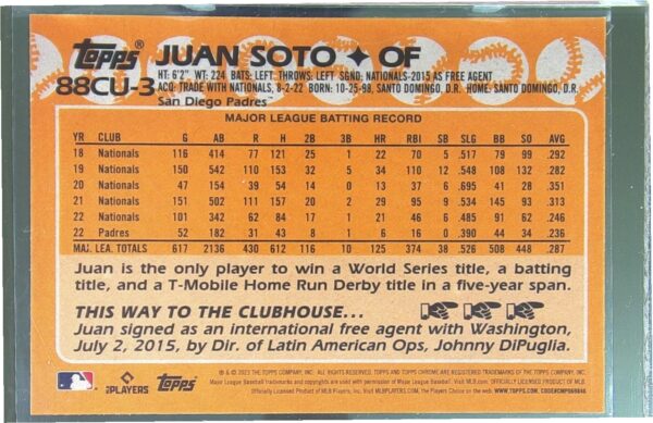 2023 Topps Chrome Update Juan Soto #88CU-3 Padres 1988 Topps 35th Anniversary - Image 3