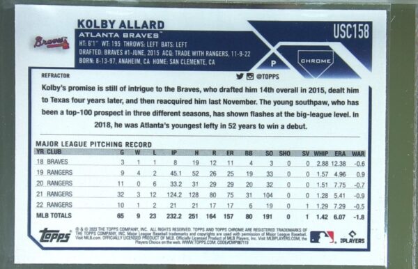 2023 Topps Chrome Update Kolby Allard Refractor #USC158 Braves - Image 3
