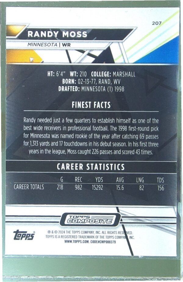 2023 Topps Composite Finest Randy Moss #207 Vikings - Image 3
