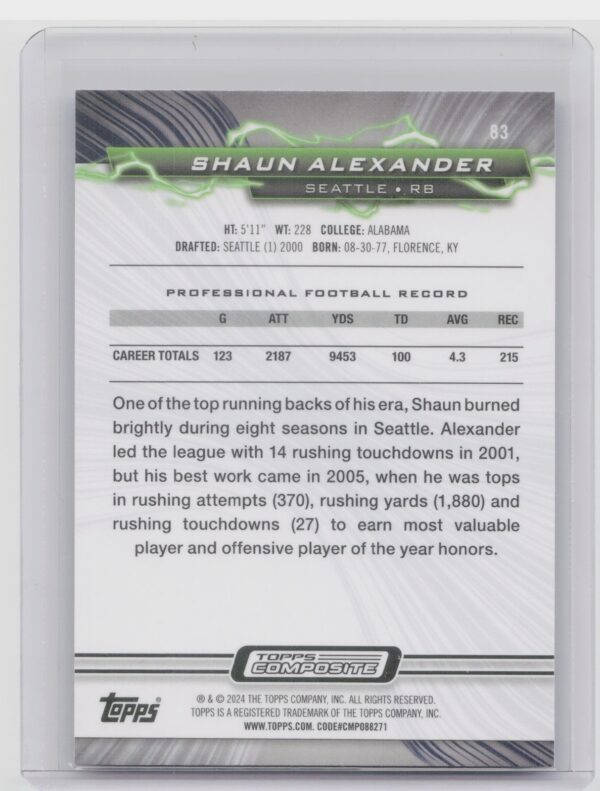 2023 Topps Composite Shaun Alexander Resurgence Sky Blue and Pink Shock #83 - Image 3