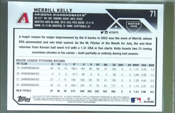 2023 Topps Merrill Kelly Gold /2023 #71 Diamondbacks - Image 3