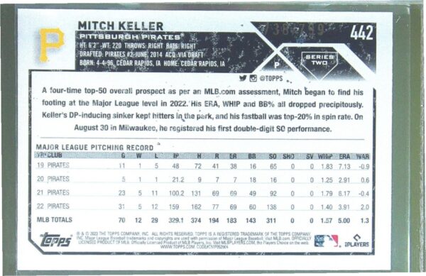 2023 Topps Mitch Keller Purple Foilboard /799 #442 Pirates - Image 3