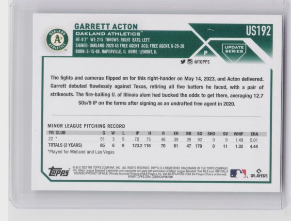 2023 Topps Update Garrett Acton Silver Pattern Foilboard #US192 Athletics - Image 3