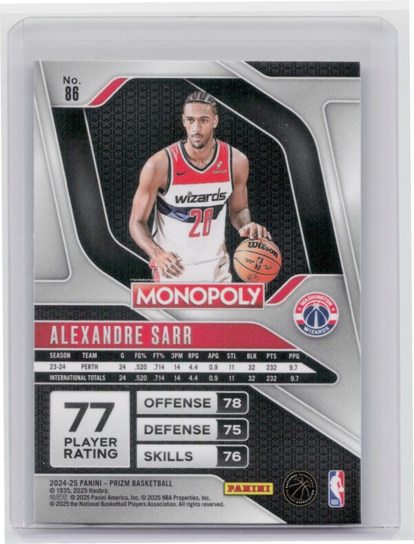 2024-25 Panini Prizm Monopoly Alexandre Sarr 86 Wizards - Image 3