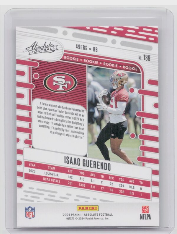2024 Absolute Isaac Guerendo Red and Blue RC #189 49ers - Image 3