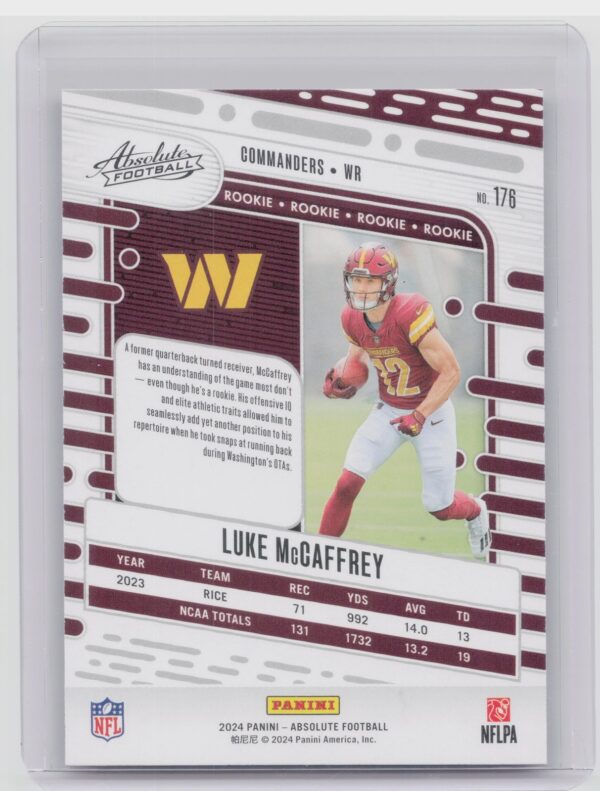 2024 Absolute Luke McCaffrey Red and Blue RC 176 Commanders - Image 3