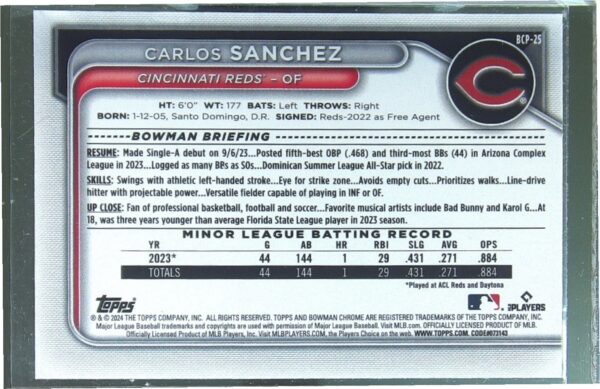 2024 Bowman Carlos Sanchez #BCP-25 Reds Chrome Prospects Lunar Glow Refractors - Image 3