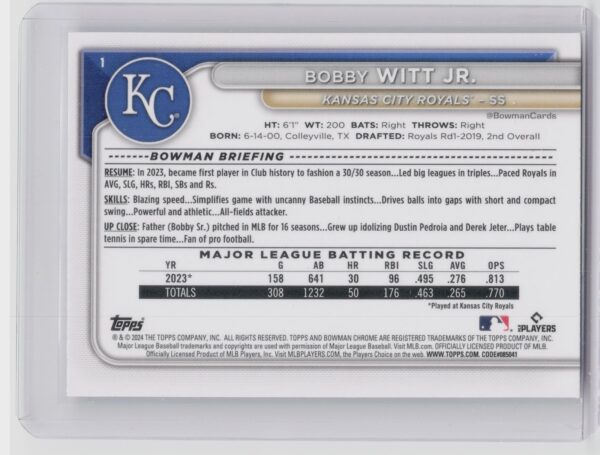 2024 Bowman Chrome Bobby Witt Jr. #1 Royals - Image 3