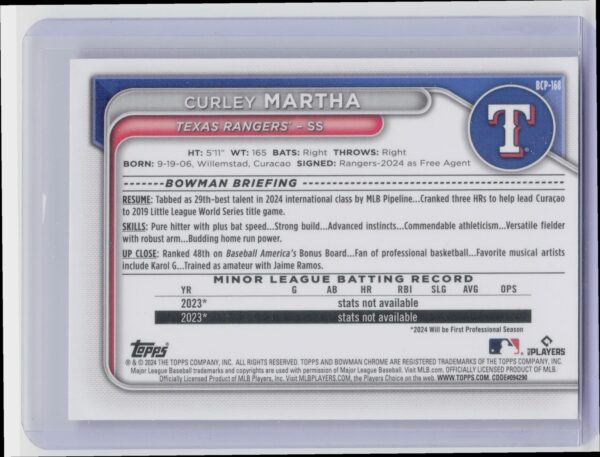 2024 Bowman Chrome Curley Martha #BCP-168 Rangers Prospects Mojo Refractors - Image 3