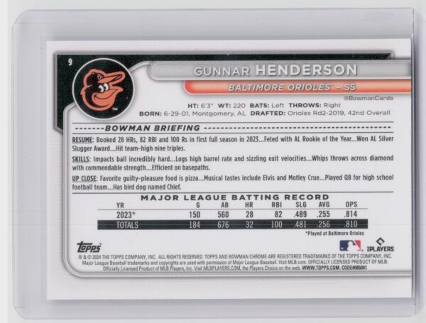 2024 Bowman Chrome Gunnar Henderson #9 Orioles - Image 3
