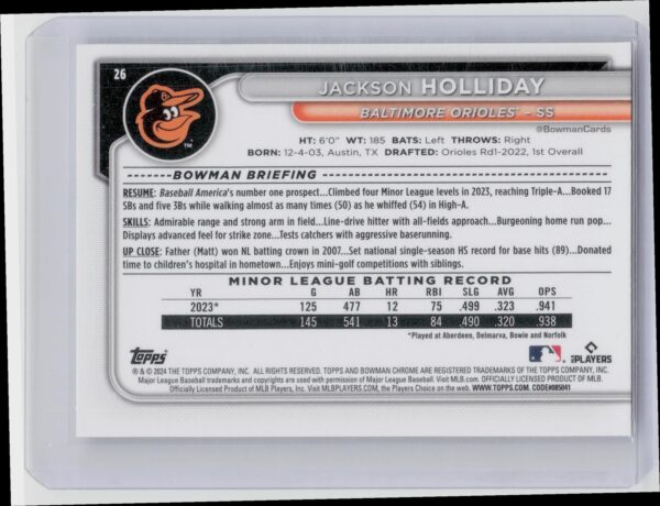 2024 Bowman Chrome Jackson Holliday RC #26 Orioles - Image 3