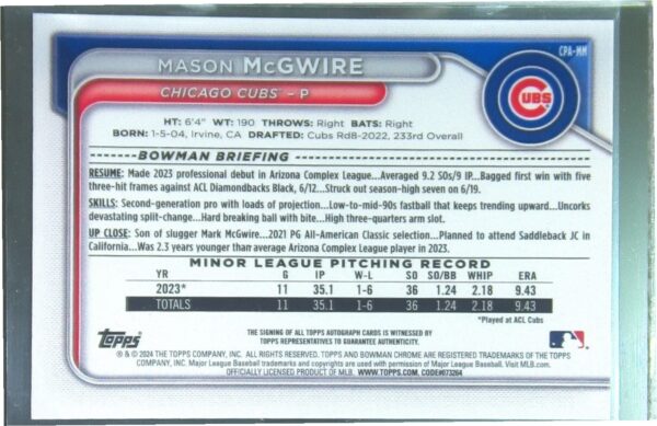 2024 Bowman Chrome Mason McGwire Auto #CPA-MM Cubs Prospects Autographs - Image 3