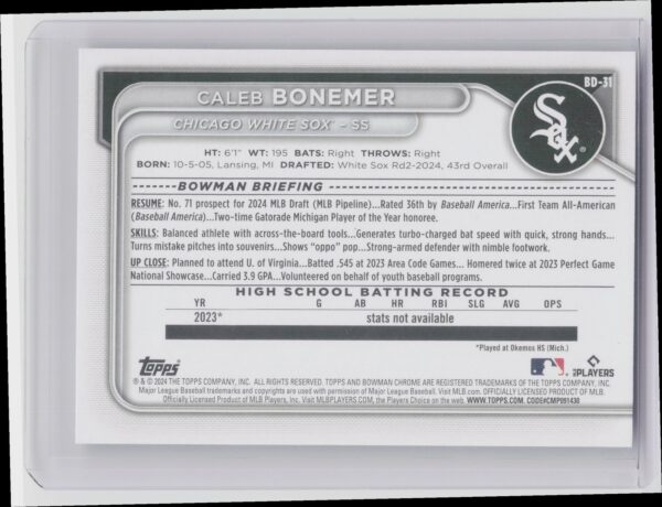 2024 Bowman Draft Caleb Bonemer #BD-31 Sox - Image 3