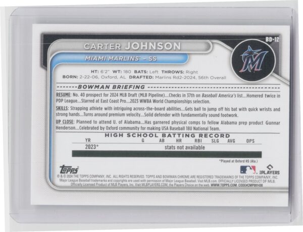 2024 Bowman Draft Carter Johnson #BD-12 Marlins - Image 3