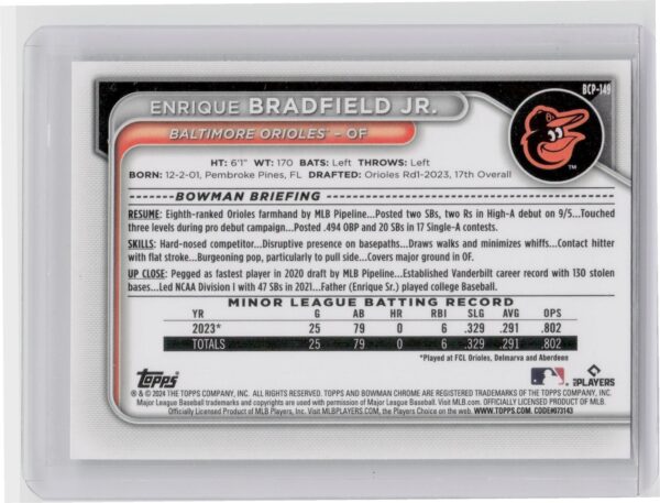 2024 Bowman Enrique Bradfield Jr. #BCP-149 Orioles Chrome Prospects Lunar Glow R - Image 3