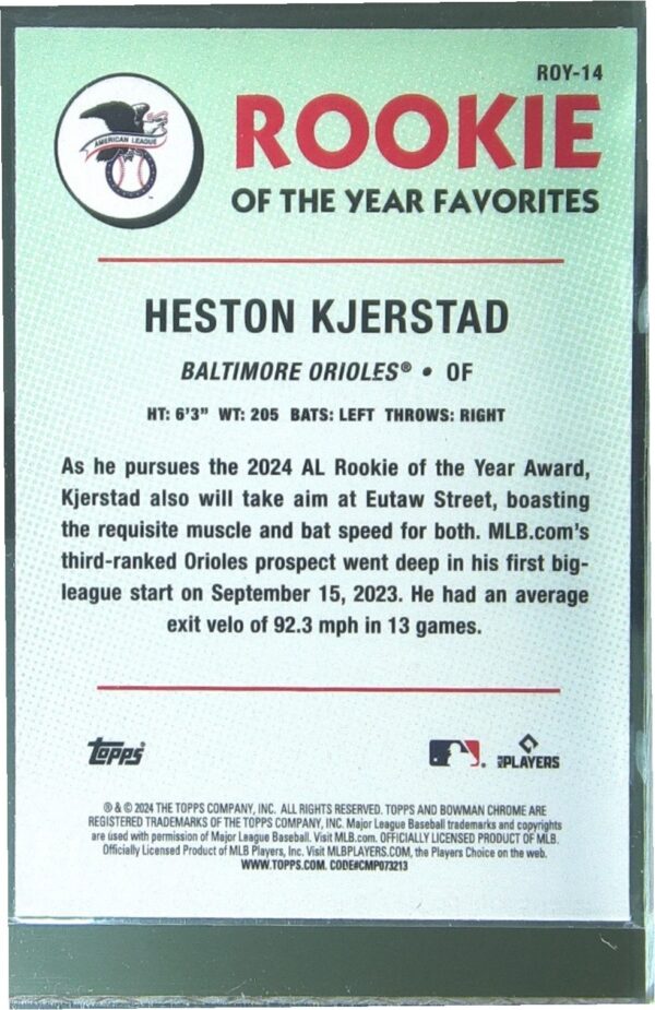 2024 Bowman Heston Kjerstad RC #ROY-14 Orioles Rookie of the Year Favorites - Image 3