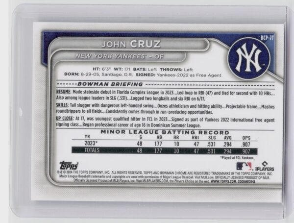 2024 Bowman John Cruz #BCP-77 Yankees Chrome Prospects - Image 3