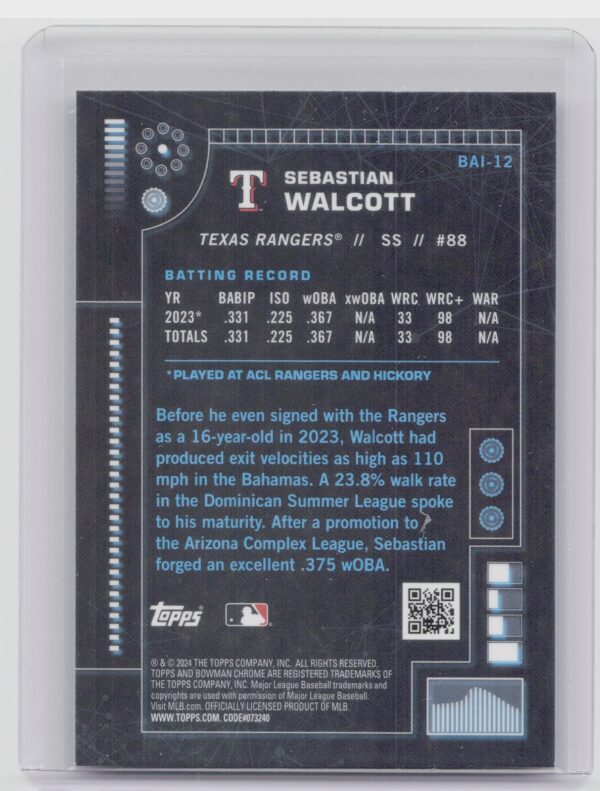 2024 Bowman Sebastian Walcott #BAI-12 Rangers Bowman A.I. - Image 3