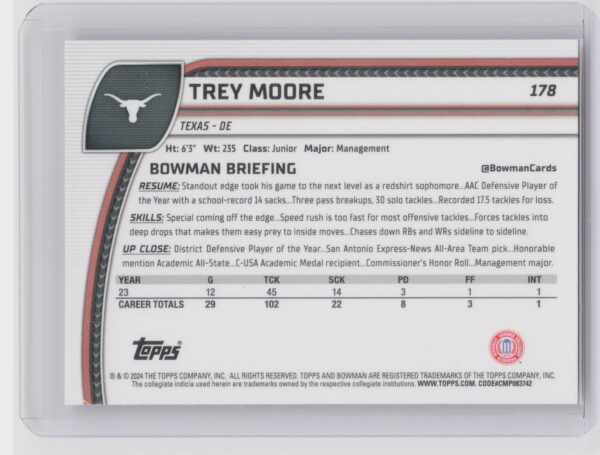 2024 Bowman University Chrome 1st Bowman Trey Moore #178 Texas - Image 3