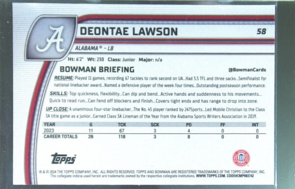 2024 Bowman University Chrome Deontae Lawson Teal Lava Refractor RC 58 Tide - Image 3