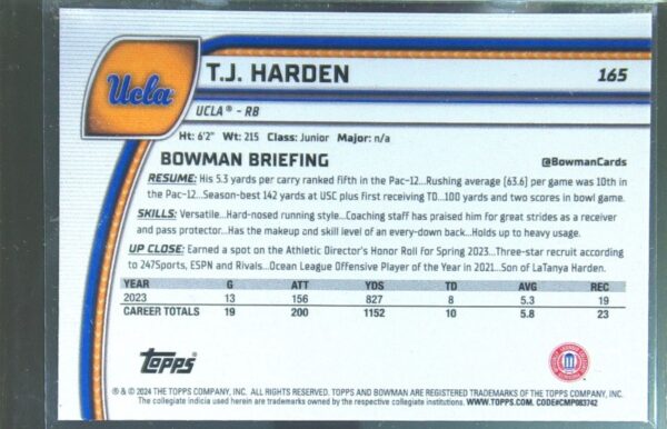 2024 Bowman University Chrome T.J. Harden Pink Lava Refractor RC 165 Bruins - Image 3