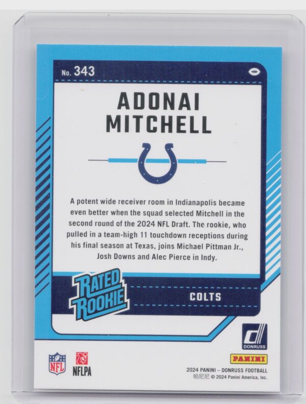 2024 Donruss Adonai Mitchell RC 343 Colts - Image 3